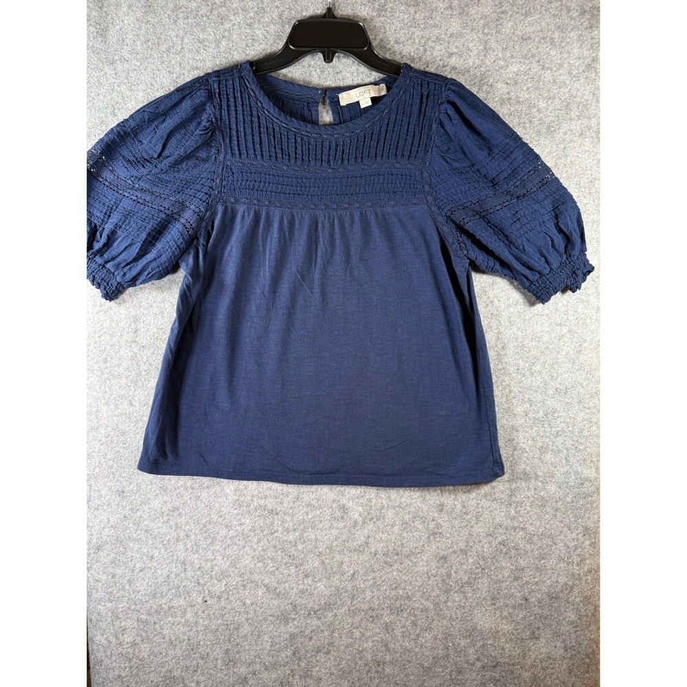 LOFT Navy Blue Pintuck Eyelet Puff Sleeve Knit Top Medium